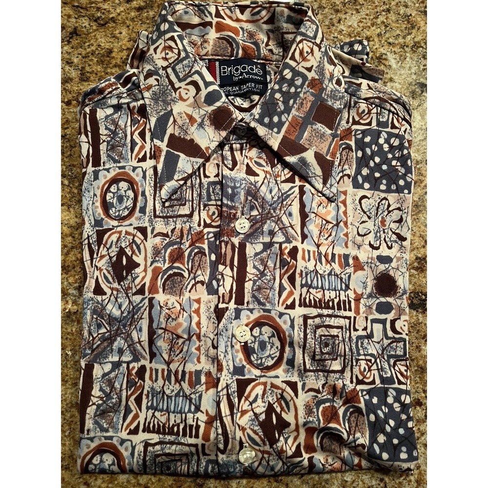 Brigade By Arrow European Taper Fit Shirt Size S 100% Qiana Nylon 1970's VTG